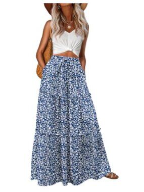 Women's Flowy Maxi Skirt with Pockets Elastic Waist Pleated A-Line Long Skirt